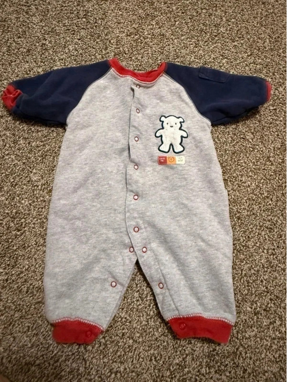 Vintage Carter’s Baby 3 Months Gray Bear Fleece One Piece Romper Red Navy